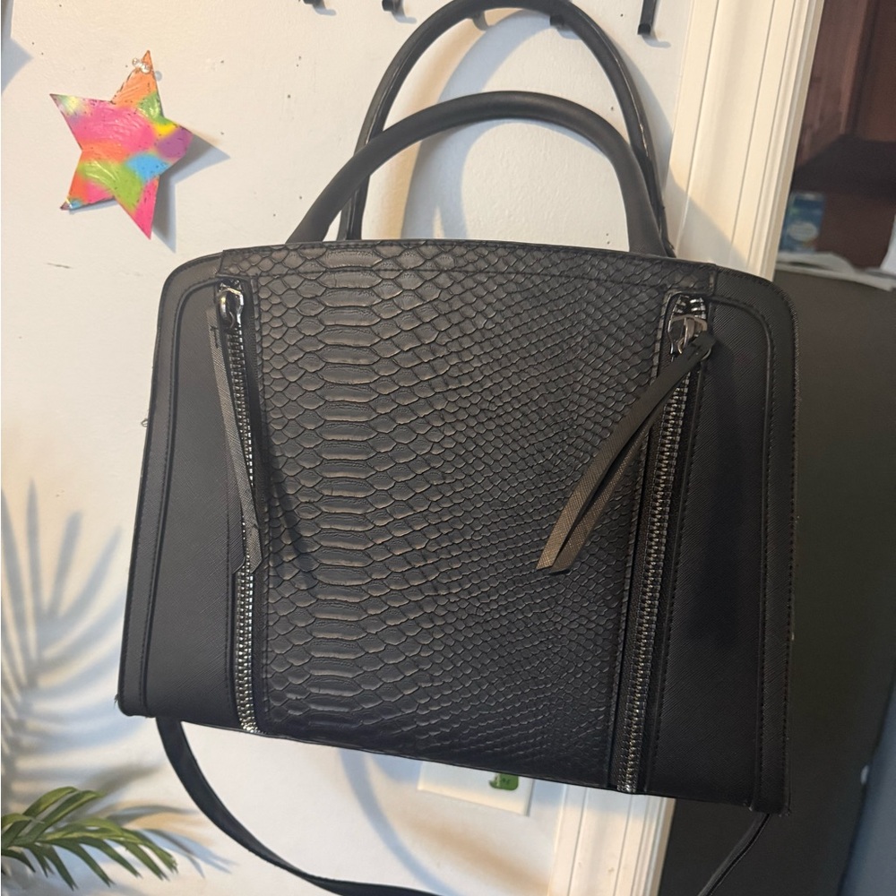 Black Textured Satchel Tote with Dual Zippers